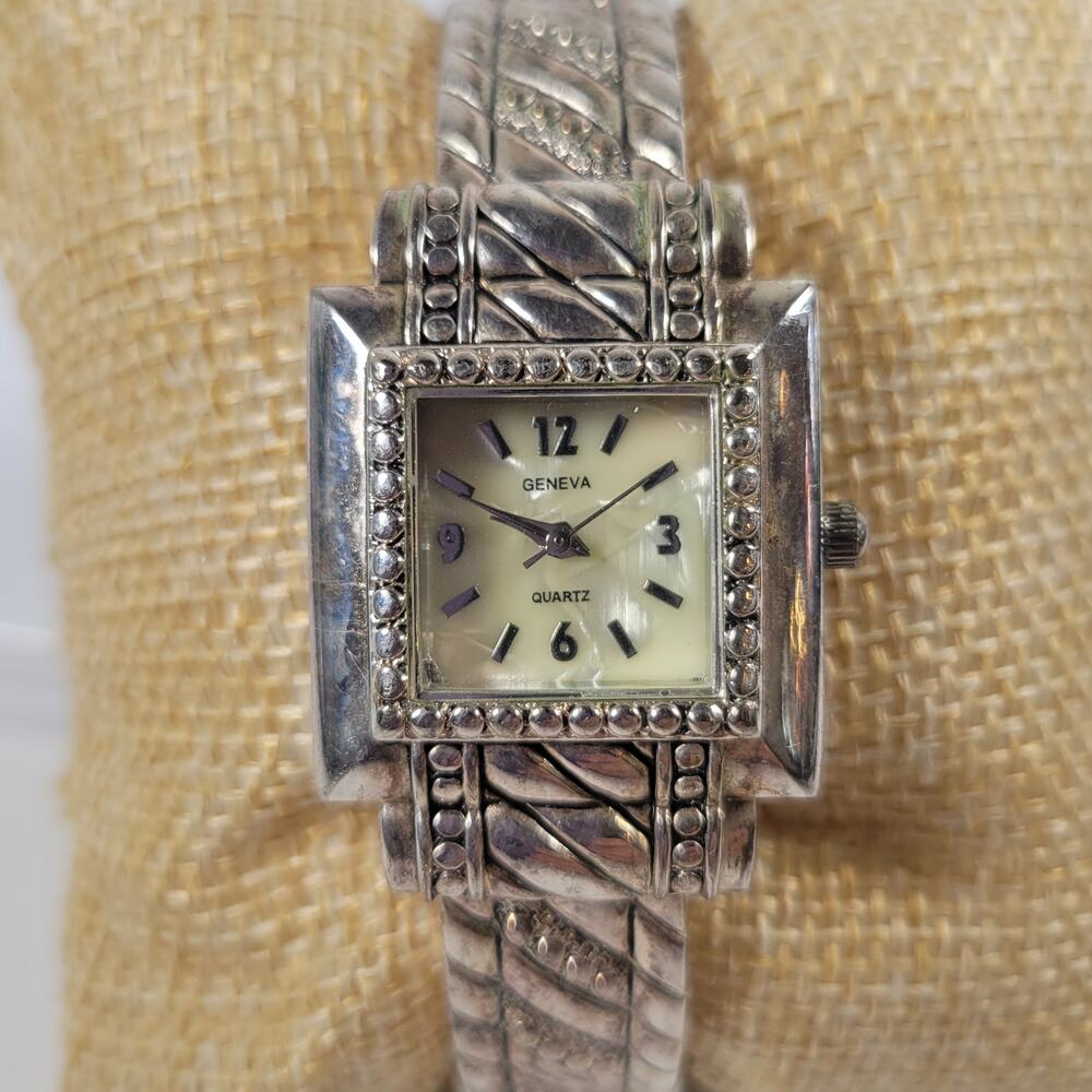 Geneva Vintage-Style Silver Cuff Watch, Quartz Movement, Textured Band